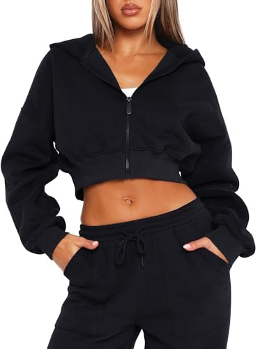 TZLDN Women Cropped Hoodie Zip Up Jacket Y2K Sweatshirt Crop Tops Lightweight Workout Casual Fashion Fall Outfits Black - Small