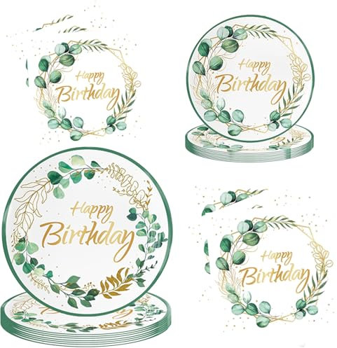 Greenery Happy Birthday Party Tableware Set Green Leaf Baby Shower Party Decorations Include Birthday Theme Plates and Napkins for 10 Guest (Green)