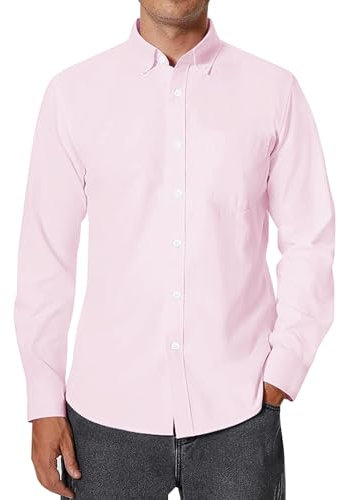 siliteelon Men's Oxford Shirt Long Sleeve Smart Casual Plain Regualr Fit Button Down Shirts with Pockt Light Pink L