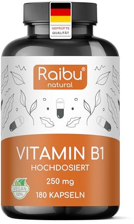 Vitamin B1 (Thiamin) Hochdosiert, 250 mg pro Kapsel - 6 Monatsvorrat: 180 vegane Kapseln - Premium Vitamin B1, hohe Bioverfügbarkeit & laborgeprüft - Ohne unerwünschte Zusätze, Raibu