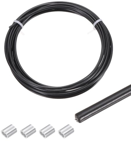 sourcing map Cuerda de alambre de 5 m, cable de acero inoxidable 304 de 3 mm, revestimiento de vinilo con 4 fundas de aluminio para colgar, tendederos, elevación, color negro