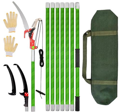 Scie à élaguer avec manche télescopique 3 en 1 - 8 m - Scie télescopique 3 en 1, élagueuse et élagueuse avec câble à ressort - Scie légère pour l'entretien du jardin et l'élagage des arbres - Avec sac