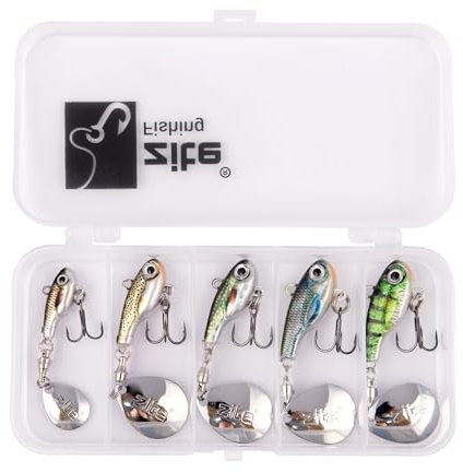 Zite Fishing Jigspinner Set Fischform | 5 Stück Spin Jigs 5g 10g 15g | Spinnerköder für Barschangeln Zanderangeln Hecht | Realistische Raubfischköder | Inklusive Tackle-Box (Natur 5-15g)