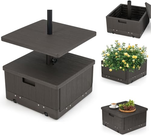RELAX4LIFE 3 in 1 Base per Ombrellone con Ruote, Tavolino per Ombrellone, Base Riempibile con 45 L di Acqua o 67 kg di Sabbia, Fioriera Mlutifonzionale per Giardino e Terrazza (Marrone)