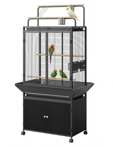 GarveeLife Large Bird Cage, Parakeet Cage with Play Top & Storage Cabinet, Indoor Outdoor Birdcage for Parrot, Cockatiel, Macaw Budgie, Black Walnut Wood