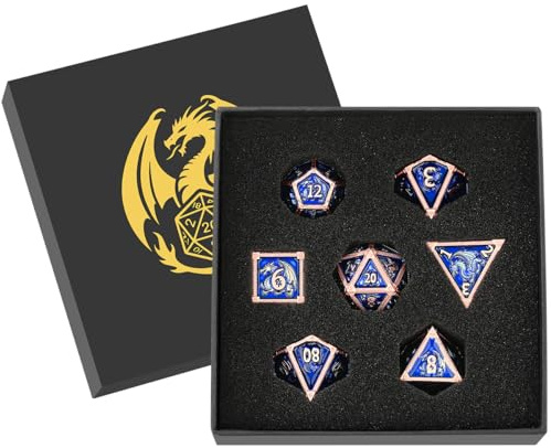 Set di Dadi in Metallo D&D, Modello del Drago, 7 pezzi Dadi Poliedrici in Metallo, Accessori per Giochi di Ruolo, Regali DND con Scatola Regalo, D20, D12, 2 D10 (00-90 e 0-9), D8, D6 e D4, Rame + Blu