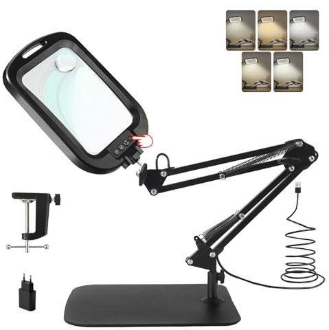 GABORISH 10 x 30 x lente d'ingrandimento da tavolo con luce e supporto, lampada rettangolare con 60 LED, 5 modalità di colore e dimmerabile, lente d'ingrandimento senza mani con luce, 2 in 1 con
