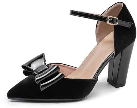 MlYJmer Décolleté Eleganti da Donna in Velluto con Fiocco, Punta Affusolata e Tacco a Blocco, Scarpe da Festa e da Matrimonio,Nero,43 EU