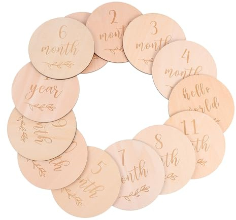 TINEASUR Cartes de Bébé en Bois Jalons Mensuels Solide en Bois Beige pour Photographie Bébé 13pcs Accessoire pour Capturer Chaque Étape de Croissance