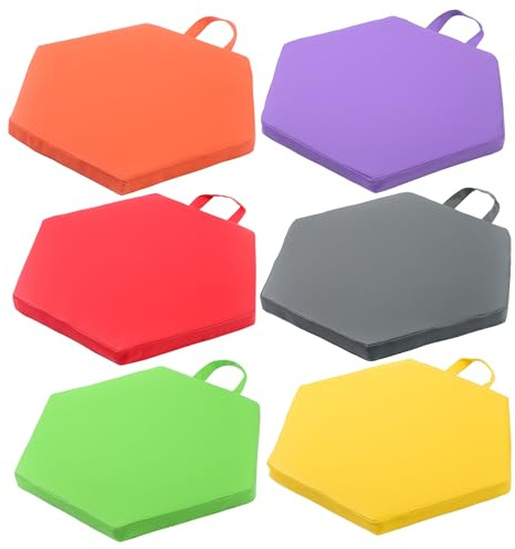 Ameble 6PCS Portable Memory Foam Hexagonal Floor Cushions with Handle, 11.8x11.8x1.2in PU Leather Flexible Seating for Kids Adults, Classroom Alternative Seating