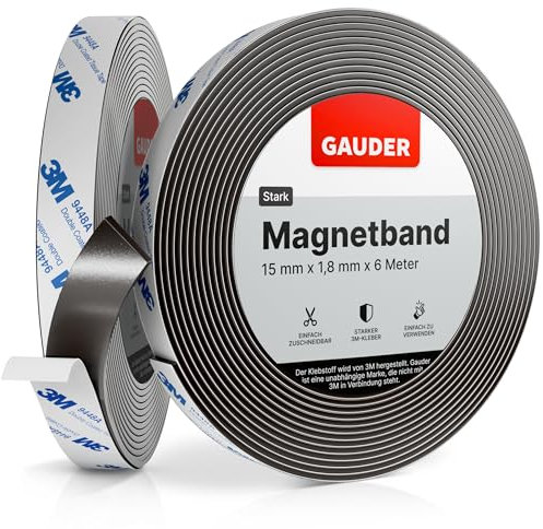 GAUDER Magnetic Tape with 3M Adhesive - Strong Self-Adhesive Magnet Strip - Cuttable Magnetic Tape Roll with Reliable Attraction & 3M Backing (6 m x 15 mm)