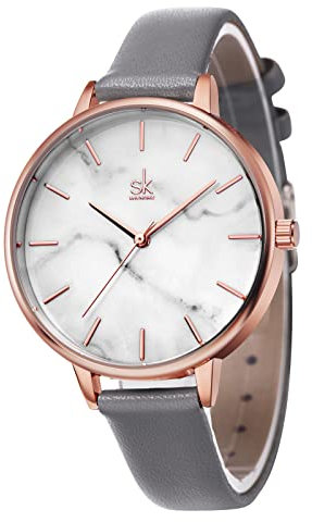 SHENGKE Armbanduhr Damen Edelstahl Einzigartiges Design Quarz Wasserdicht Armbanduhr Mädchen (Leatherband-Grey)