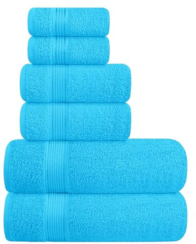 GLAMBURG Ultra Soft 6er-Pack Baumwoll-Handtuch-Set, enthält 2 übergroße Badetücher 70 x 140 cm, 2 Handtücher 40 x 60 cm und 2 Waschbetten 30 x 30 cm, Türkis Blau