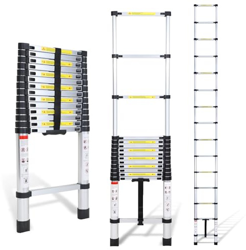 Cecaylie Escalera telescópica de aluminio, de 4,4 m, antideslizante, multiusos, portátil, soporta hasta 150 kg
