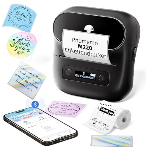 Phomemo M220 Etikettendrucker Beschriftungsgerät,Thermo Bluetooth Tragbarer Etikettenhersteller,Aktualisierung Etikettenhersteller Sticker Drucker für Barcode,Adresse, Zuhause,Büro,Kleine Unternehmen