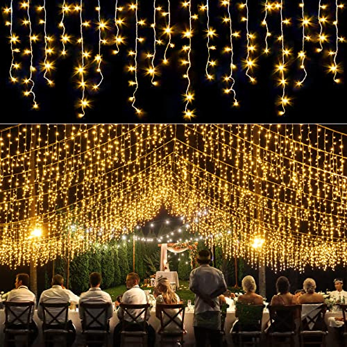 Nielfoi Icicle lights Outdoor - 33ft Christmas Lights with 400LED 75 Drops 8 Modes, Plug in Curtain String Lights Waterproof for Holiday Wedding Party Home Garden Bedroom Indoor Decoration, Warm White