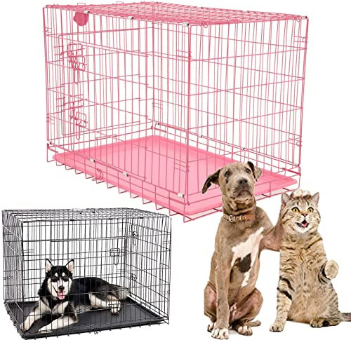 Dog Puppy Cage Medium 30 inch Pets Dog Crate Folding 2 Door Dog Kennels and Crates Pet Carrier with Non-Chew Base Tray and Carrier Handle ideal for Home or Travel, Pink