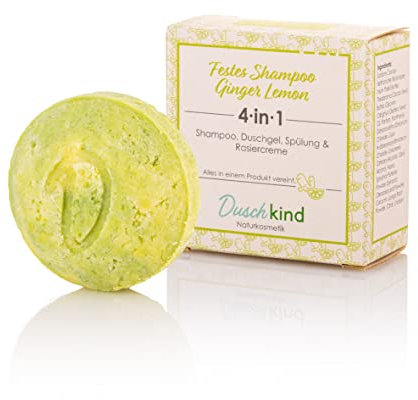 Duschkind Festes Shampoo Ginger Lemon 4-in-1 – Shampoo Duschgel Conditioner Rasiercreme – handgemacht in Deutschland, Babassuöl, für normales Haar, vegan & plastikfrei