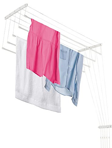 KADAX Stendibiancheria da Soffitto in Acciaio Rivestito in Polietilene, Stendino con Design Salvaspazio e Capacità di Carico di 10 kg (Bianco, 5 x 110)