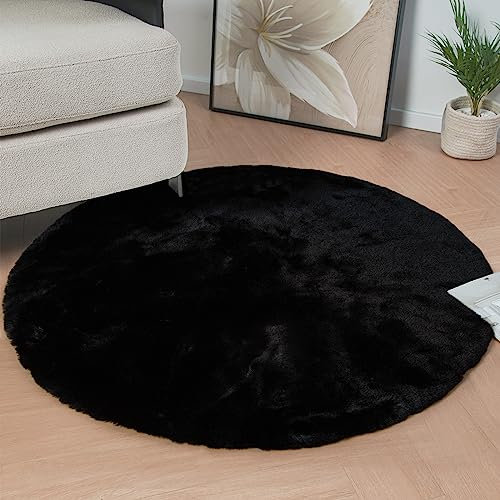 ORINOVA Runder Teppich Schwarz Flauschig 120 cm Kunstfell Teppich Rund Weich Schlafzimmer Wohnzimmer Rund Bettvorleger Waschbar