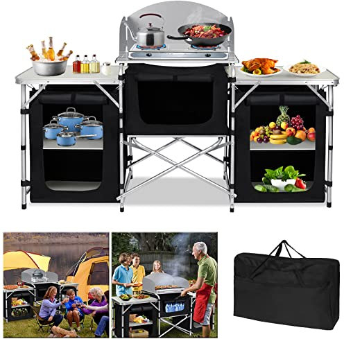 YZNAHRE Campingküche Campingschrank mit Aluminiumgestell, Outdoor Camping Küche Reiseküche Zeltschrank Küchenbox Ink. Tragetasche, 5 Fächer - 174 x 46 x 110 cm