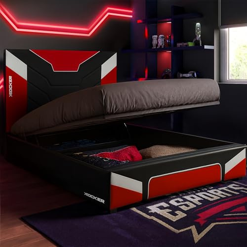 X-Rocker Cerberus MKII 4ft6 Double, Ottoman Upholstered Bed Frame - Hydraulic Gas Lift, Under-bed Storage, Wooden Slats, Wipe-Clean Faux Leather for Kids & Teens - Carbon Red - 135x190cm