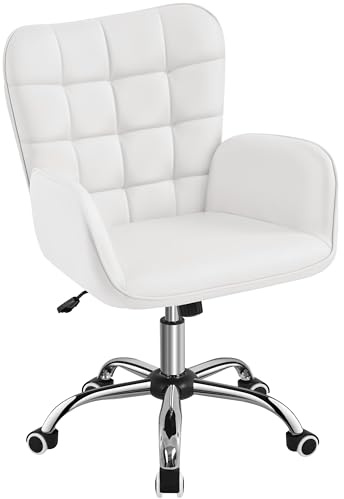 Yaheetech Sedia/Poltroncina da Ufficio Scrivania Bianca a Rotelle Girevole Imbottita in Similpelle Reclinabiale Ergonomica Altezza Regolabile