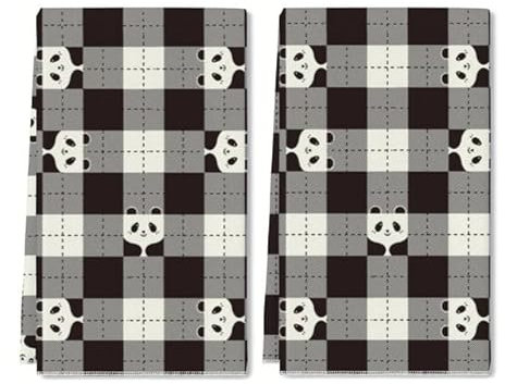 Horienteeon Küchentücher mit süßem Panda-Muster, schwarz-weiß kariert, schnell trocknend, Mikrofaser, Geschirrtücher zum Trocknen in der Küche, Premium-Handtücher, Handtuch/Geschirrtücher, 60 x 40 cm,