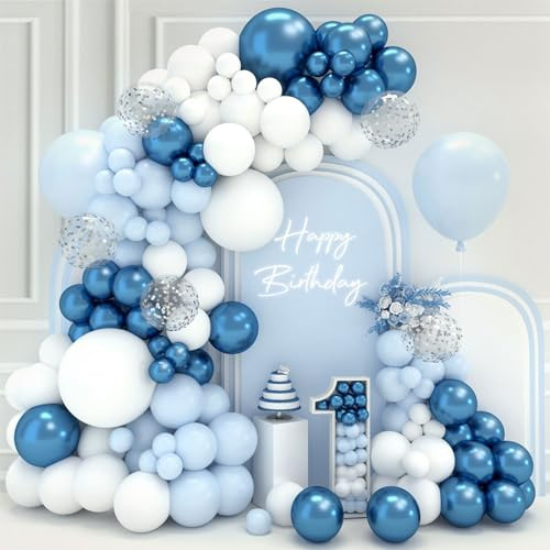 QIFU Blue and White Balloon Arch Kit,102pcs Baby Blue Birthday Balloon Arch | Metallic Bluey Balloons for Baby Shower Holy Communion Decorations for Boys Confirmation Decoration Baptism Birthday