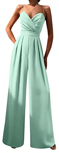 KBOPLEMQ Tuta da donna elegante per matrimonio, tuta estiva lunga, tuta intera a vita alta, casual, con gamba larga, senza maniche, tinta unita, O verde menta, XXXL