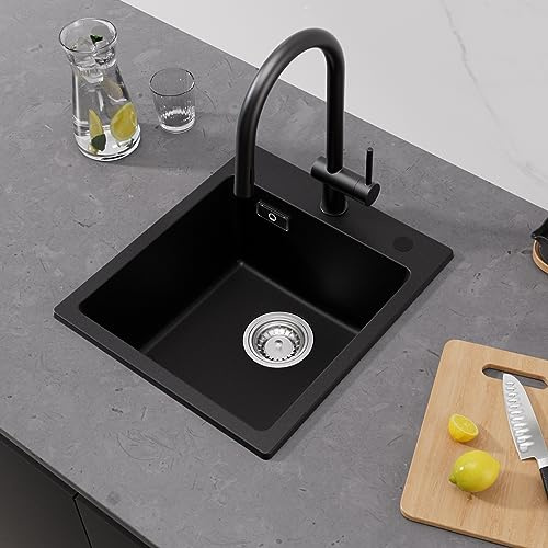 CECIPA Küchenspüle Schwarz Granit 40x45cm, Einbauspüle Set Klein Mit 2 Hahnlöcher, Eckiges Waschbecken, Moderne Granitspüle