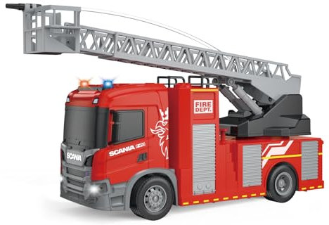 Cheerful Toys Feuerwehrauto Spielzeug - Scania 30,8cm Feuerwehr Auto Spielzeug mit Drehleiter, Wasserpumpe, Licht und Sound, Rettungswagen Löschfahrzeug für Jungen 3 4 5 6 Jahre
