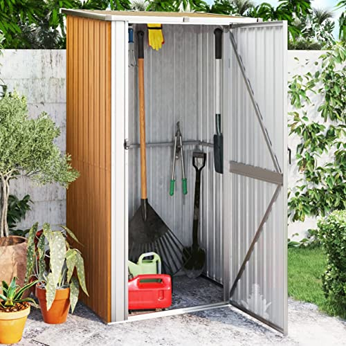 IKAYAA Capanno per Attrezzi da Esterno Capanno Giardino Casetta da Giardino Box Attrezzi Giardinaggio Casetta per Attrezzi in Metallo Tetto a Uno spiovente n Acciaio Zincato-Marrone-118,5x97x209,5 cm