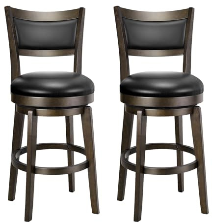 PrimeZone Swivel Bar Stools Set of 2, 24 Inch Counter Height Barstools, Black Faux Leather Bar Stool with High Backrest & Solid Wood Legs & Wrap-around Footrest, Counter Stools for Kitchen Island, Pub