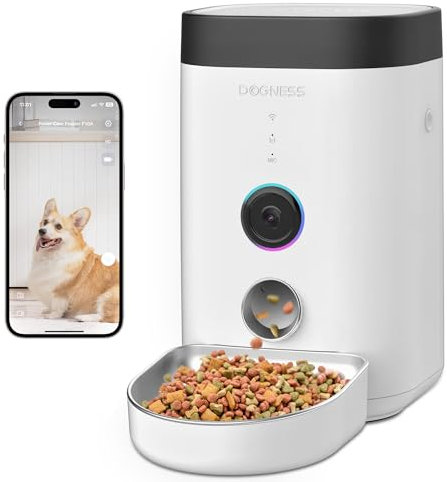 DOGNESS Automatic Cat Feeder with Camera, 5G WiFi Dog Feeder for 4L Dry Food, 1080P HD Video Pet Dispenser with Night Vision, APP Control Two-Way Audio Interacting USB+Battery Dual Power Supply