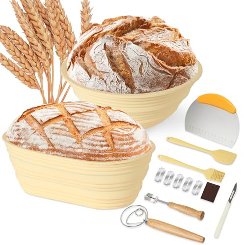Omtofo Cestino Lievitazione Pane Kit, Rotondo Da 23,5cm Ovale Da 26cm Cestino Pane, Pieghevole E Completo Di Accessori