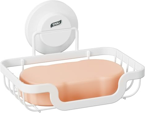 TAILI Suction Soap Dish for Shower,Drill-Free Sink Holder,White | Stainless Steel Sink Holder, Sponge Tray,Max Hold 5KG Soap Holder for Bathroom,Wall Mounted Removable Metal Bathtub Organizer