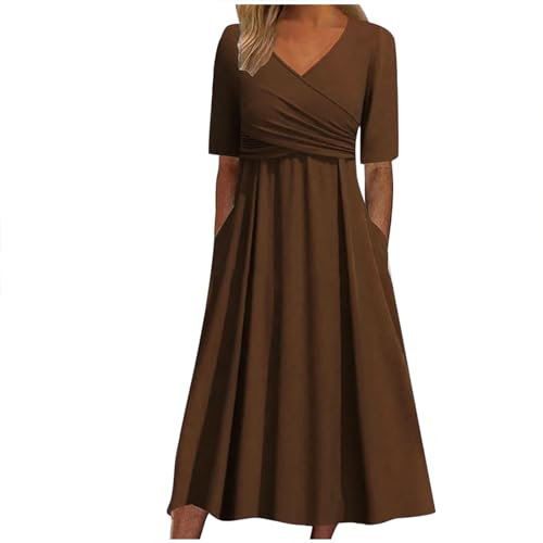 Robe Chic Femme Casual Col V Manches Courtes Plissée Lâche Vintage Robe Plage Jupe Longue Robe Tricotée Coquille Coquille, marron, XXL