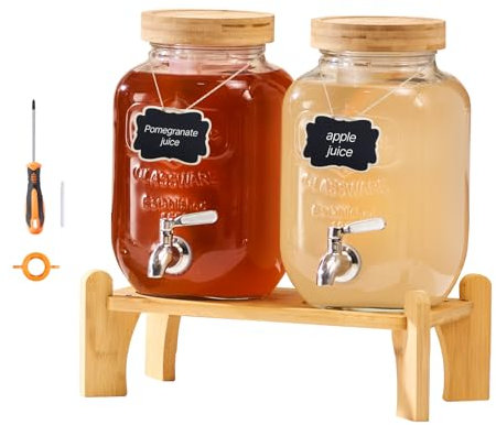 VEVOR Distributore di Bevande, 2 Pezzi da 3,8 L, Contenitore di Succhi in Vetro con Supporto in Legno, Rubinetto in Acciaio Inox, Infusore, Distributore di Tè Freddo, Limonata, per Feste