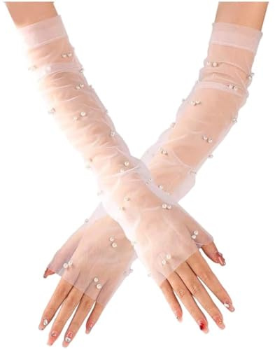 HiyFloy Fingerlösa armbågshandskar pärlor, kylande nät, tyll-armvärmare, bröllopshandskar, handskar, brudhandskar för bröllop