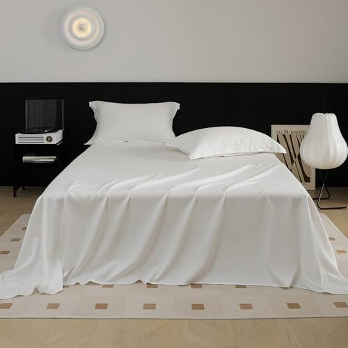 JIANINGHOME Ropa de cama de seda satinada, 230 x 245 cm + 2 fundas de almohada, color blanco, sábanas encimeras transpirables, antiarrugas, resistente al encogimiento y a la decoloración
