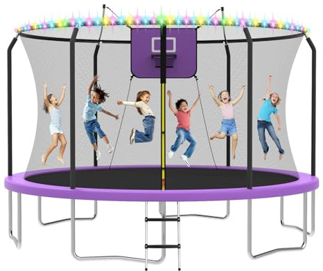 14FT Outdoor Trampoline with Basketball Hoop and LED Lights, ASTM Approved Recreational Trampolines for Kids and Adults with Safety Enclosure Net and Ladder