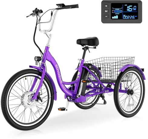 Electric Tricycle for Adults Seniors, 24/26 Inch 3 Wheel E-Trike, 350W Motor (700W Peak), Removable 36V Battery, Up to 15.5MPH, 25-60Mile Range, Low Step-Through, Rear Basket, 350lbs Capacity, 7 Speed