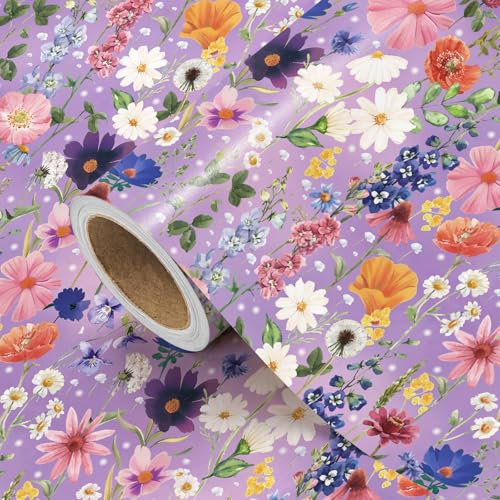 RUSPEPA Blommande Presentpappersrulle - Mini Rulle - 43,2 cm X 5 M - Presentpapper Lila Vilda Blommor För Mors Dag, Födelsedagar, Bröllop Brud Shower Vårte Party