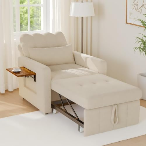 Poltrona letto singolo convertibile 3 in 1, divano letto allungabile, lettos con tavoli da tè pieghevoli, sedia a letto con funzione letto, poltrona regolabile con cuscino, beige, 190x108x86 cm