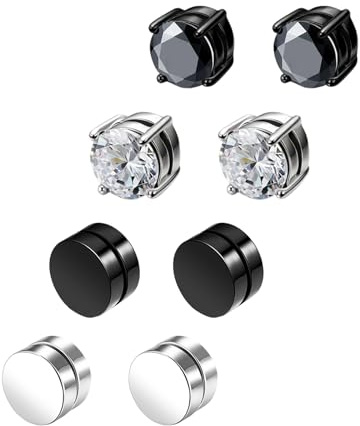 4 Pares Pendientes Magnéticos, Aretes Magnéticos de Acero Inoxidable, Pendientes Clip Sin Agujero para Hombres Mujeres Niños y Niñas, 8mm (Plata, Negro)