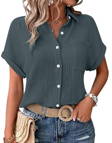 Générique Chemisier Femme Été Col en V Boutons et Poches Chemise Coton en Lin Bureau Travail Tunique T-Shirt Lâche Respirant Plage Top Décontracté Trekking Blouse