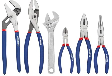 WORKPRO Large Pliers & Wrench Set 6-Piece (10 Water Pump, 10 Slip Joint, 8 Long Nose, 8 Linesman, 6 Diagonal, 8 Adjustable Wrench) for DIY & Home Use, W001329A