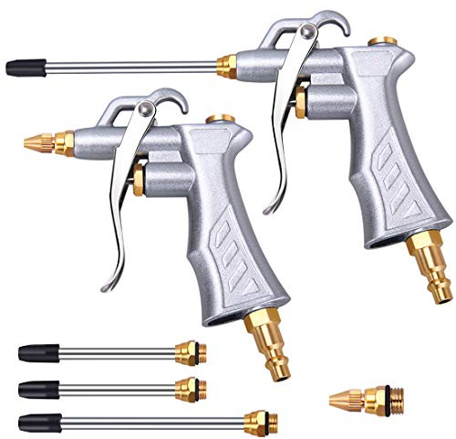 Industrial Air Blow Gun with Brass Adjustable Air Flow Nozzle and 2 Steel Air flow Extension, Pneumatic Air Compressor Accessory Tool Dust Cleaning Air Blower Gun-2 Pack