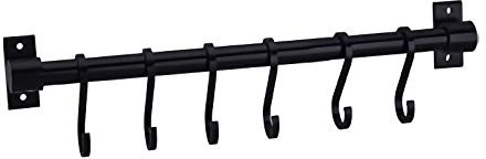 Gourmet Kitchen Utensil Rack with 6 Hooks, Wall Mounted Rail Wrought Iron Hanging Utensil Holder Rack with Removable S Hooks 16 Inch (Black-6 Hooks)